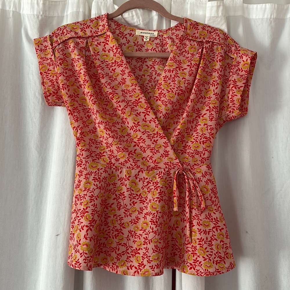 Pink Floral Wrap-front Blouse